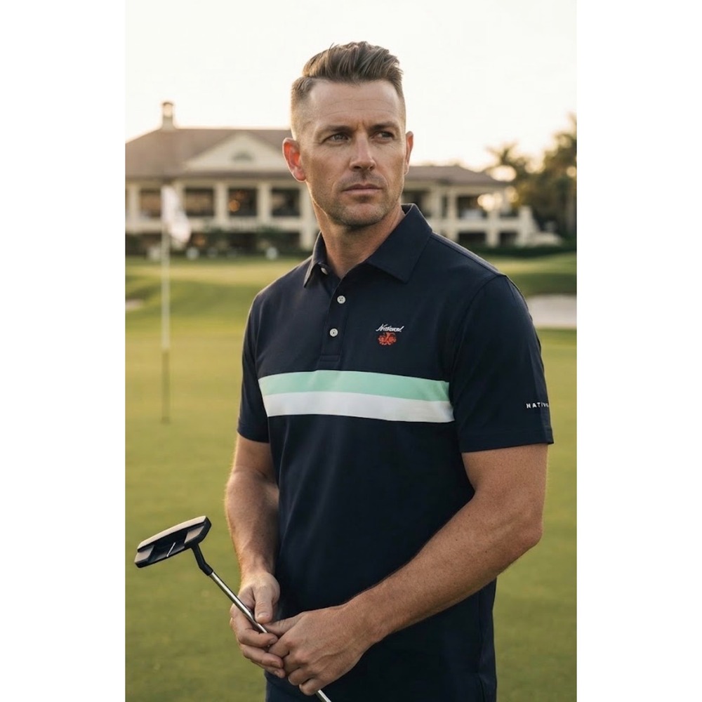 Dunning Golf Mens Large Navy Blue Mint Stripe National Logo Polo Shirt L